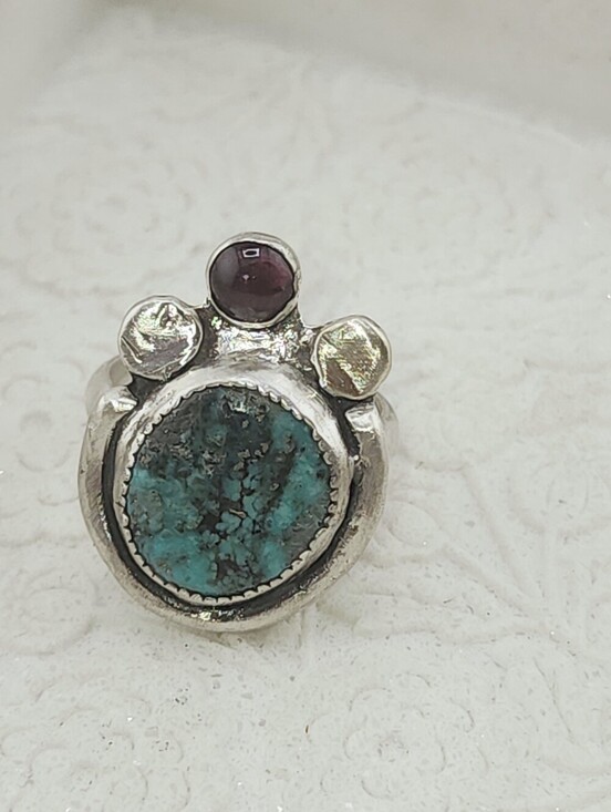 Jewelry - TURQUOISE & GARNET RING HANDMADE IN RECYCLED STERLING SILVER METAL Size 9